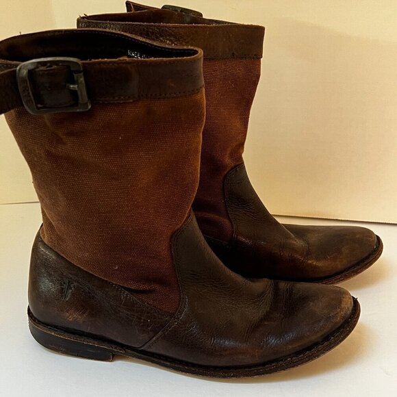 Frye Paige Short Riding Boots Brown Canvas & Leather Pull On Mid Calf 6.5 (READ) - Picture 1 of 15